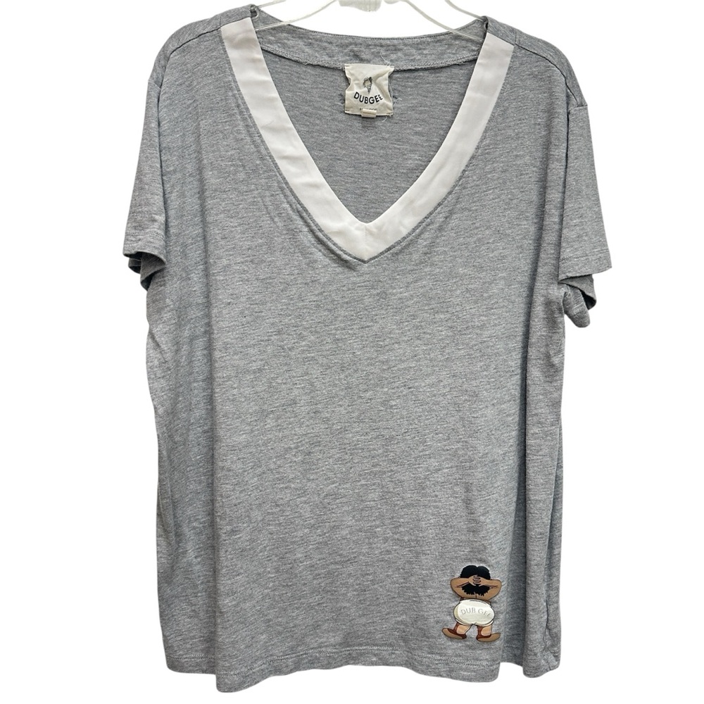 Dubgee by Whoopi Gray & White V-Neck T-Shirt Size Large Heather Gray